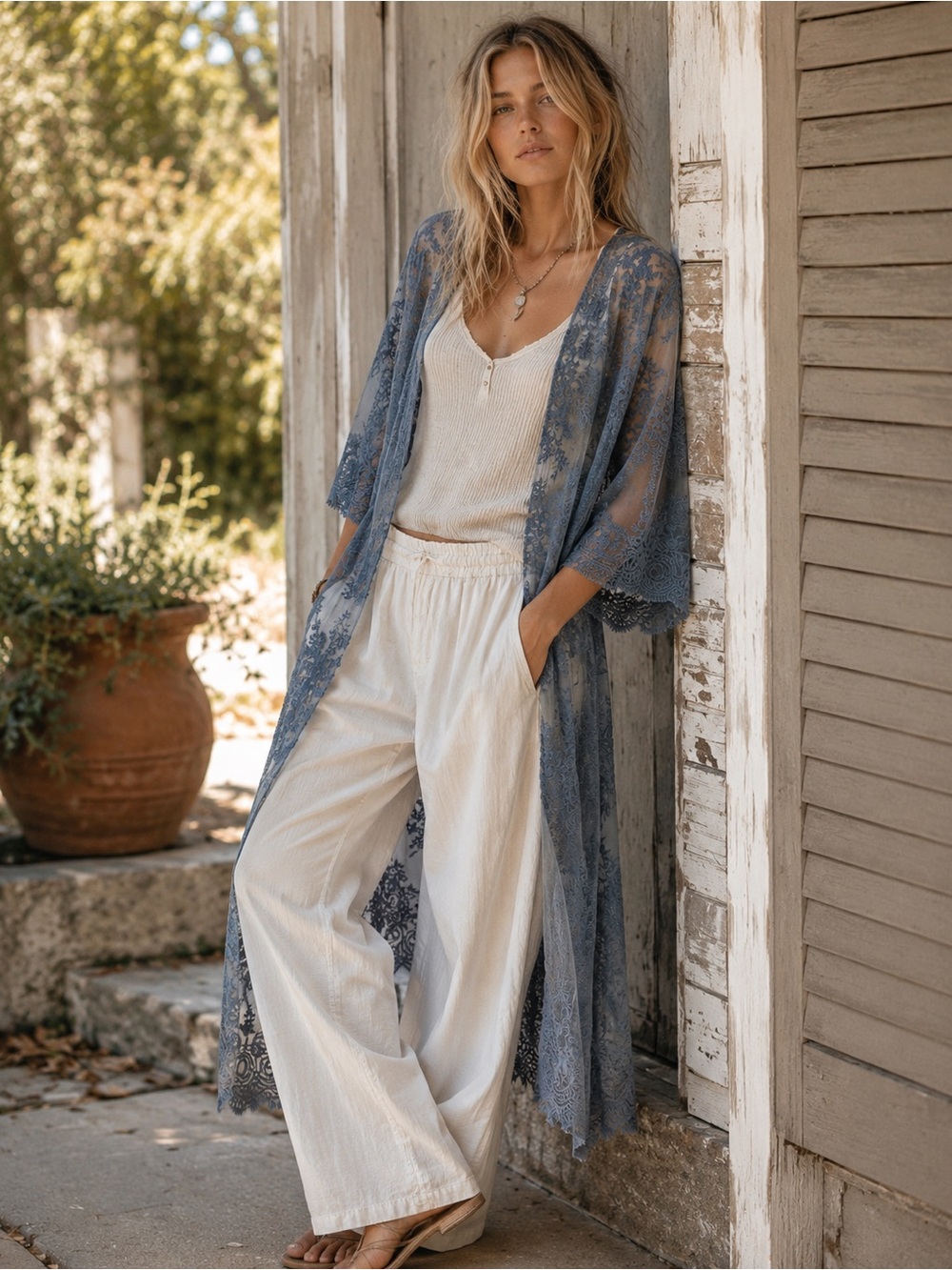 Listicle Blue Embroidered Lace Duster Kimono Cardigan Boho Sheer Medium